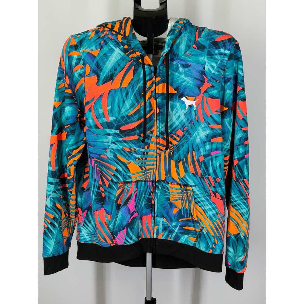 Victoria's Secret PINK Tropical Palm Print Full Zip Hoodie Teal Orange Womens M
